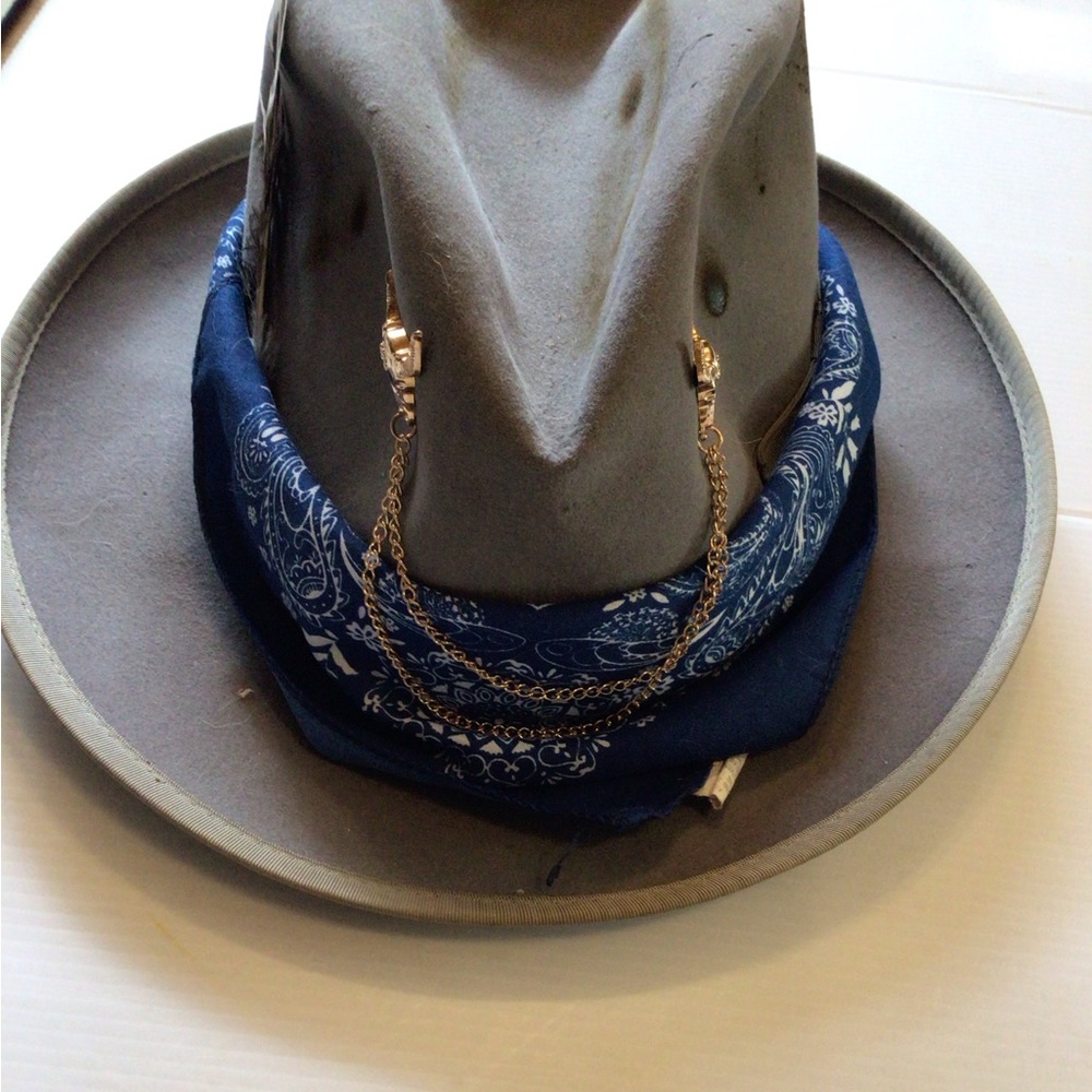 Boho Western upcycled Gray Fedora with Blue Bandana Ruxpinsrags